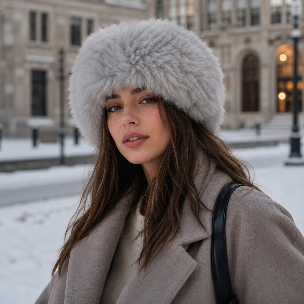 Alpaca Fur Cossack Hat & Detachable Collar Set Gray Peruvian Soul Women Girls
